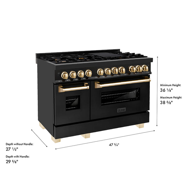 ZLINE Autograph Edition 48 in. 6.0 cu. ft. Legacy Dual Fuel Range with 7 Burner Gas Cooktop and 2 Electric Ovens in Black Stainless Steel and Polished Gold Accents, Open Box-Great Condition
