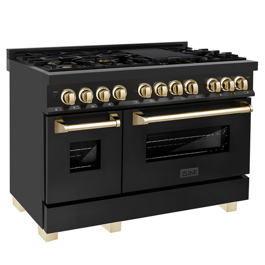 ZLINE Autograph Edition 48 in. 6.0 cu. ft. Legacy Dual Fuel Range with 7 Burner Gas Cooktop and 2 Electric Ovens in Black Stainless Steel and Polished Gold Accents, Open Box-Great Condition