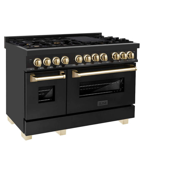 ZLINE Autograph Edition 48 in. 6.0 cu. ft. Legacy Dual Fuel Range with 7 Burner Gas Cooktop and 2 Electric Ovens in Black Stainless Steel and Polished Gold Accents, Open Box-Good Condition
