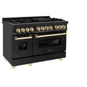 ZLINE Autograph Edition 48 in. 6.0 cu. ft. Legacy Dual Fuel Range with 7 Burner Gas Cooktop and 2 Electric Ovens in Black Stainless Steel and Polished Gold Accents, Open Box-Great Condition