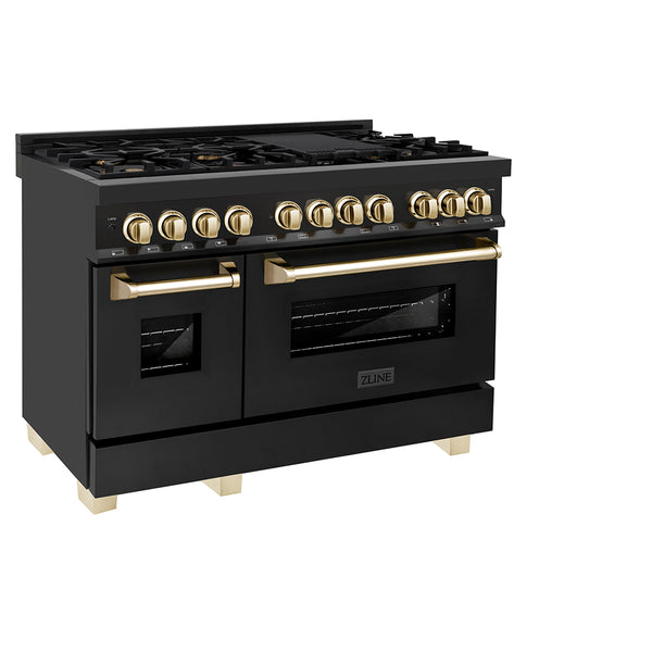 ZLINE Autograph Edition 48 in. 6.0 cu. ft. Legacy Dual Fuel Range with 7 Burner Gas Cooktop and 2 Electric Ovens in Black Stainless Steel and Polished Gold Accents, Open Box-Great Condition