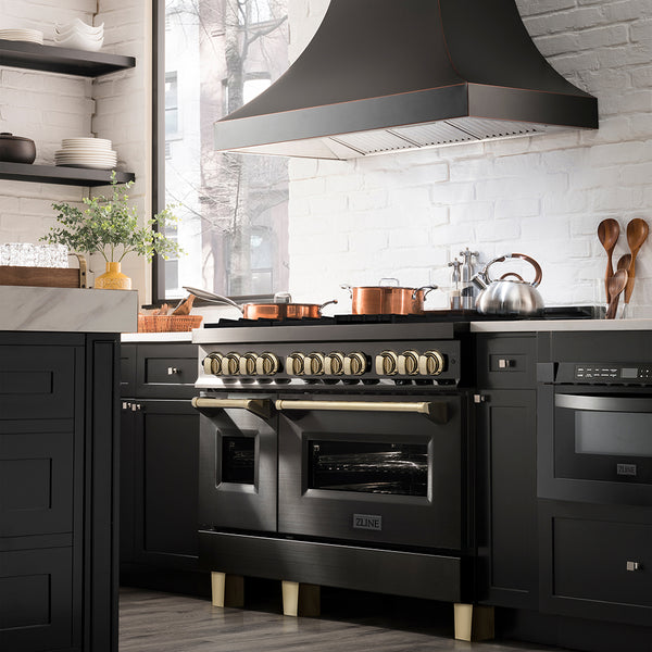 ZLINE Autograph Edition 48 in. 6.0 cu. ft. Legacy Dual Fuel Range with 7 Burner Gas Cooktop and 2 Electric Ovens in Black Stainless Steel and Polished Gold Accents, Open Box-Great Condition