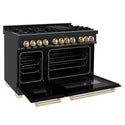 ZLINE Autograph Edition 48 in. 6.0 cu. ft. Legacy Dual Fuel Range with 7 Burner Gas Cooktop and 2 Electric Ovens in Black Stainless Steel and Polished Gold Accents, Open Box-Good Condition