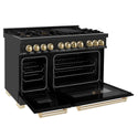 ZLINE Autograph Edition 48 in. 6.0 cu. ft. Legacy Dual Fuel Range with 7 Burner Gas Cooktop and 2 Electric Ovens in Black Stainless Steel and Polished Gold Accents, Open Box-Great Condition