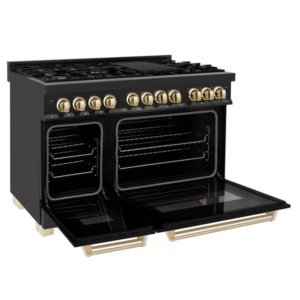ZLINE Autograph Edition 48 in. 6.0 cu. ft. Legacy Dual Fuel Range with 7 Burner Gas Cooktop and 2 Electric Ovens in Black Stainless Steel and Polished Gold Accents, Open Box-Great Condition