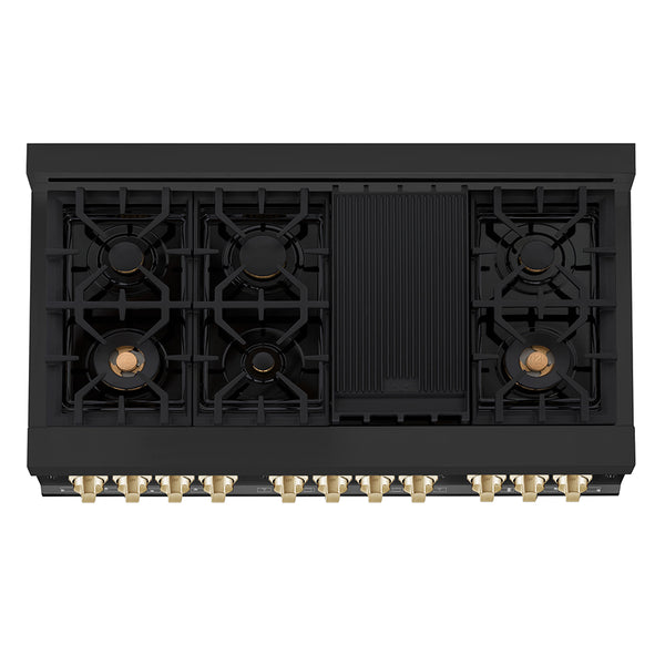 ZLINE Autograph Edition 48 in. 6.0 cu. ft. Legacy Dual Fuel Range with 7 Burner Gas Cooktop and 2 Electric Ovens in Black Stainless Steel and Polished Gold Accents, Open Box-Great Condition