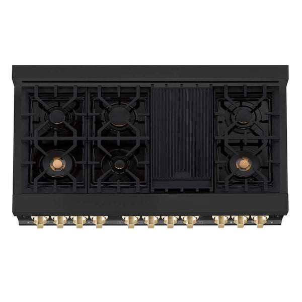 ZLINE Autograph Edition 48 in. 6.0 cu. ft. Legacy Dual Fuel Range with 7 Burner Gas Cooktop and 2 Electric Ovens in Black Stainless Steel and Polished Gold Accents, Open Box-Good Condition