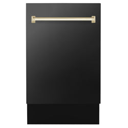 ZLINE Autograph Edition 18” Tallac Series 3rd Rack Top Control Built-In Dishwasher in Black Stainless Steel with Polished Gold Handle, 51dBa (DWVZ-BS-18-G)