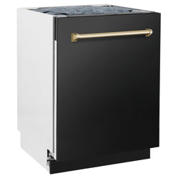 ZLINE Autograph Edition 24" Tallac Series 3rd Rack Top Control Built-In Tall Tub Dishwasher in Black Stainless Steel with Polished Gold Handle, 51dBa (DWVZ-BS-24-G)