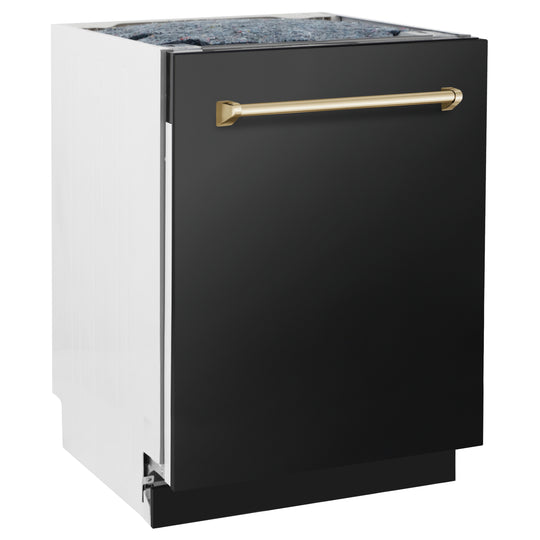 ZLINE Autograph Edition 24" Tallac Series 3rd Rack Top Control Built-In Tall Tub Dishwasher in Black Stainless Steel with Polished Gold Handle, 51dBa (DWVZ-BS-24-G)