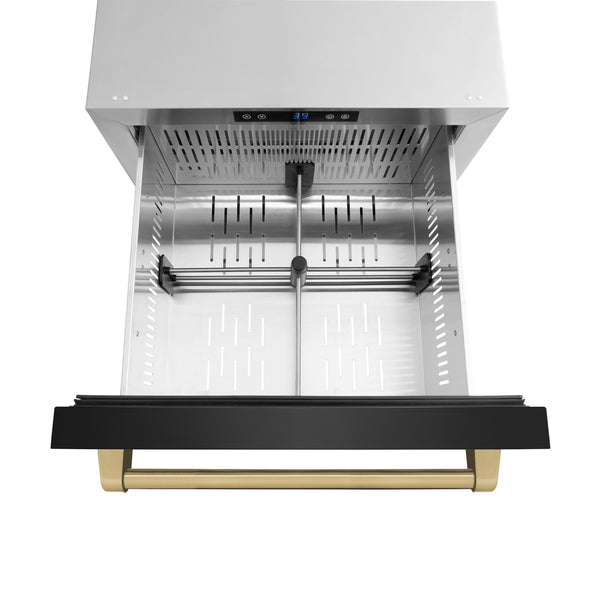 ZLINE Autograph Edition 24 in. Touchstone 168 Can Outdoor-Rated Dual Refrigerator Drawer with Black Stainless Steel Doors and Champagne Bronze Handles (RDSOZ-BS-24-CB)