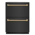 ZLINE Autograph Edition 24 in. Touchstone 168 Can Outdoor-Rated Dual Refrigerator Drawer with Black Stainless Steel Doors and Champagne Bronze Handles (RDSOZ-BS-24-CB)