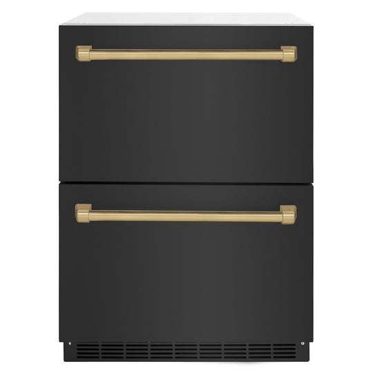 ZLINE Autograph Edition 24 in. Touchstone 168 Can Outdoor-Rated Dual Refrigerator Drawer with Black Stainless Steel Doors and Champagne Bronze Handles (RDSOZ-BS-24-CB)