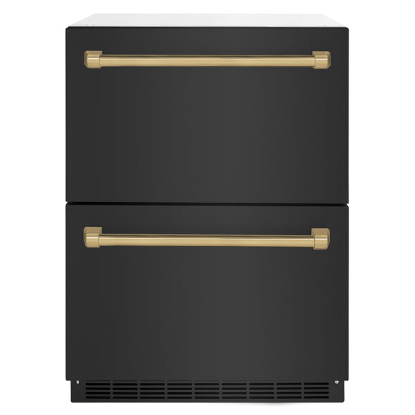 ZLINE Autograph Edition 24 in. Touchstone 168 Can Outdoor-Rated Dual Refrigerator Drawer with Black Stainless Steel Doors and Champagne Bronze Handles (RDSOZ-BS-24-CB)