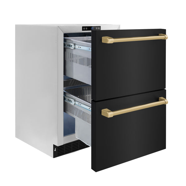 ZLINE Autograph Edition 24 in. Touchstone 168 Can Outdoor-Rated Dual Refrigerator Drawer with Black Stainless Steel Doors and Champagne Bronze Handles (RDSOZ-BS-24-CB)