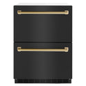 ZLINE Autograph Edition 24 in. Touchstone 168 Can Outdoor-Rated Dual Refrigerator Drawer with Black Stainless Steel Doors and Polished Gold Handles (RDSOZ-BS-24-G)