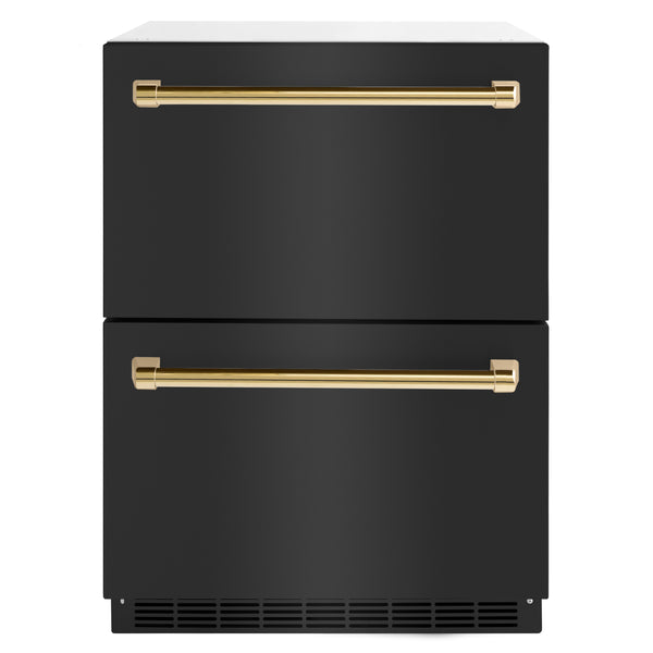 ZLINE Autograph Edition 24 in. Touchstone 168 Can Outdoor-Rated Dual Refrigerator Drawer with Black Stainless Steel Doors and Polished Gold Handles (RDSOZ-BS-24-G)