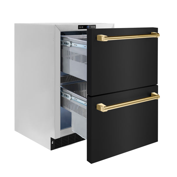 ZLINE Autograph Edition 24 in. Touchstone 168 Can Outdoor-Rated Dual Refrigerator Drawer with Black Stainless Steel Doors and Polished Gold Handles (RDSOZ-BS-24-G)