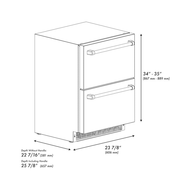 ZLINE Autograph Edition 24 in. Touchstone 168 Can Outdoor-Rated Dual Refrigerator Drawer with Black Stainless Steel Doors and Champagne Bronze Helix Handles (RDSOZ-BS-24-KCB)
