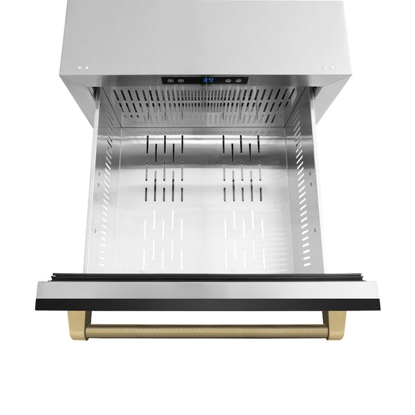 ZLINE Autograph Edition 24 in. Touchstone 168 Can Outdoor-Rated Dual Refrigerator Drawer with Black Stainless Steel Doors and Champagne Bronze Helix Handles (RDSOZ-BS-24-KCB)