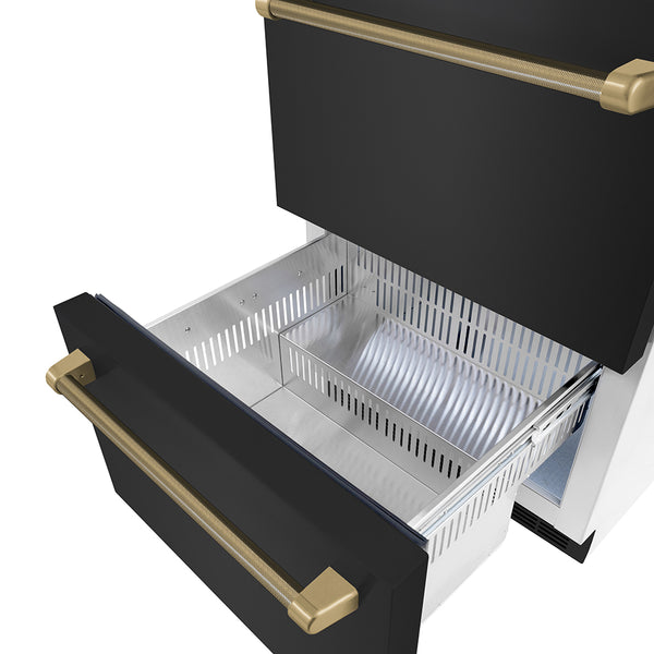 ZLINE Autograph Edition 24 in. Touchstone 168 Can Outdoor-Rated Dual Refrigerator Drawer with Black Stainless Steel Doors and Champagne Bronze Helix Handles (RDSOZ-BS-24-KCB)