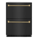 ZLINE Autograph Edition 24 in. Touchstone 168 Can Outdoor-Rated Dual Refrigerator Drawer with Black Stainless Steel Doors and Champagne Bronze Helix Handles (RDSOZ-BS-24-KCB)