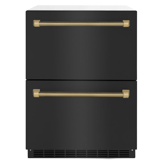 ZLINE Autograph Edition 24 in. Touchstone 168 Can Outdoor-Rated Dual Refrigerator Drawer with Black Stainless Steel Doors and Champagne Bronze Helix Handles (RDSOZ-BS-24-KCB)