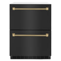 ZLINE Autograph Edition 24 in. Touchstone 168 Can Outdoor-Rated Dual Refrigerator Drawer with Black Stainless Steel Doors and Champagne Bronze Helix Handles (RDSOZ-BS-24-KCB)