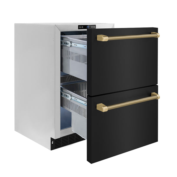 ZLINE Autograph Edition 24 in. Touchstone 168 Can Outdoor-Rated Dual Refrigerator Drawer with Black Stainless Steel Doors and Champagne Bronze Helix Handles (RDSOZ-BS-24-KCB)