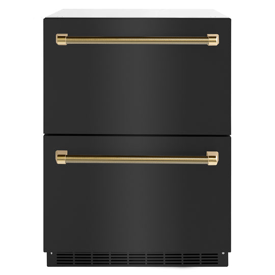 ZLINE Autograph Edition 24 in. Touchstone 168 Can Outdoor-Rated Dual Refrigerator Drawer with Black Stainless Steel Doors and Polished Gold Helix Handles (RDSOZ-BS-24-KG)