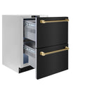 ZLINE Autograph Edition 24 in. Touchstone 168 Can Outdoor-Rated Dual Refrigerator Drawer with Black Stainless Steel Doors and Polished Gold Helix Handles (RDSOZ-BS-24-KG)