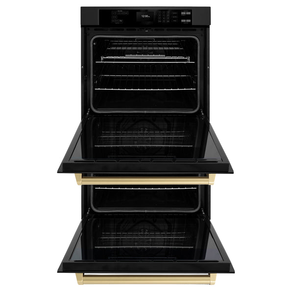 ZLINE 30 in. Autograph Edition Professional True Convection Double Wall Oven with Air Fry and Self Clean in Black Stainless Steel with Champagne Bronze Handles (WADBZ-30-CB)