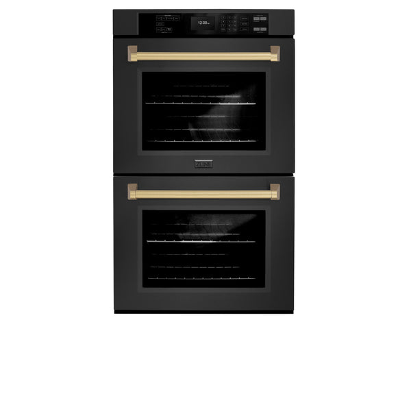 ZLINE 30 in. Autograph Edition Professional True Convection Double Wall Oven with Air Fry and Self Clean in Black Stainless Steel with Champagne Bronze Handles (WADBZ-30-CB)