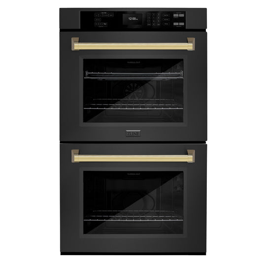 ZLINE 30 in. Autograph Edition Professional True Convection Double Wall Oven with Air Fry and Self Clean in Black Stainless Steel with Polished Gold Handles (WADBZ-30-G)