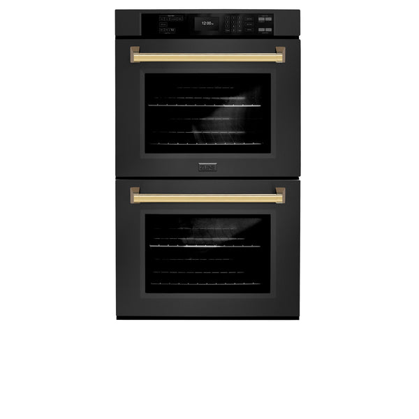 ZLINE 30 in. Autograph Edition Professional True Convection Double Wall Oven with Air Fry and Self Clean in Black Stainless Steel with Polished Gold Handles (WADBZ-30-G)