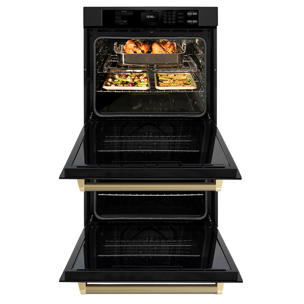 ZLINE Autograph Edition 30 in. Professional True Convection Double Wall Oven with Air Fry and Self Clean in Black Stainless Steel with Champagne Bronze Helix Handles (WADBZ-30-KCB)
