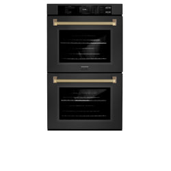 ZLINE Autograph Edition 30 in. Professional True Convection Double Wall Oven with Air Fry and Self Clean in Black Stainless Steel with Champagne Bronze Helix Handles (WADBZ-30-KCB)