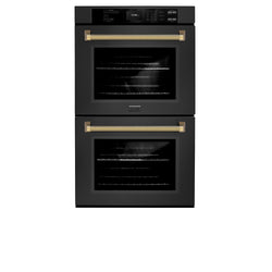 ZLINE Autograph Edition 30 in. Professional True Convection Double Wall Oven with Air Fry and Self Clean in Black Stainless Steel with Polished Gold Helix Handles (WADBZ-30-KG)