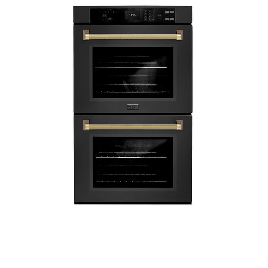 ZLINE Autograph Edition 30 in. Professional True Convection Double Wall Oven with Air Fry and Self Clean in Black Stainless Steel with Polished Gold Helix Handles (WADBZ-30-KG)