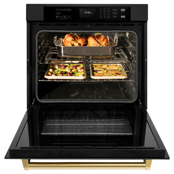 ZLINE 30 in. Autograph Edition Professional True Convection Single Wall Oven with Air Fry and Self Clean in Black Stainless Steel with Champagne Bronze Handle (WASBZ-30-CB)