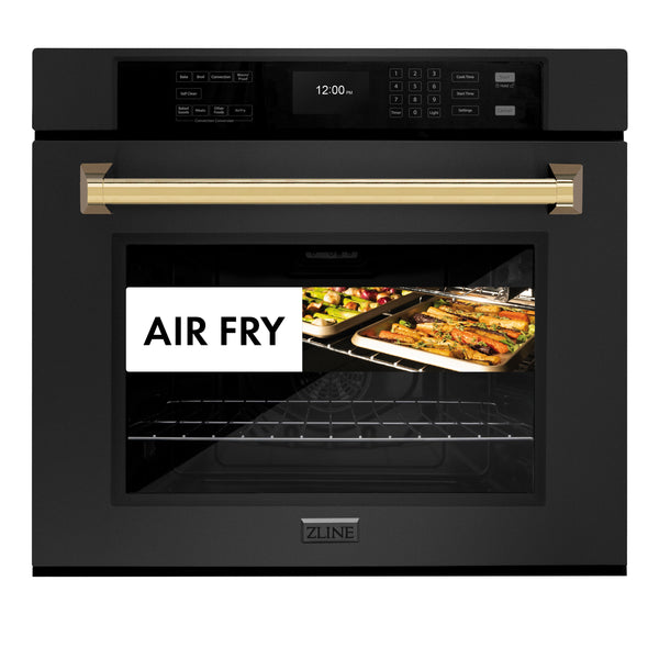 ZLINE 30 in. Autograph Edition Professional True Convection Single Wall Oven with Air Fry and Self Clean in Black Stainless Steel with Polished Gold Handle (WASBZ-30-G)