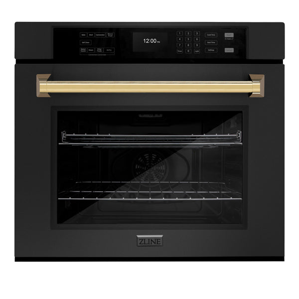 ZLINE 30 in. Autograph Edition Professional True Convection Single Wall Oven with Air Fry and Self Clean in Black Stainless Steel with Polished Gold Handle (WASBZ-30-G)