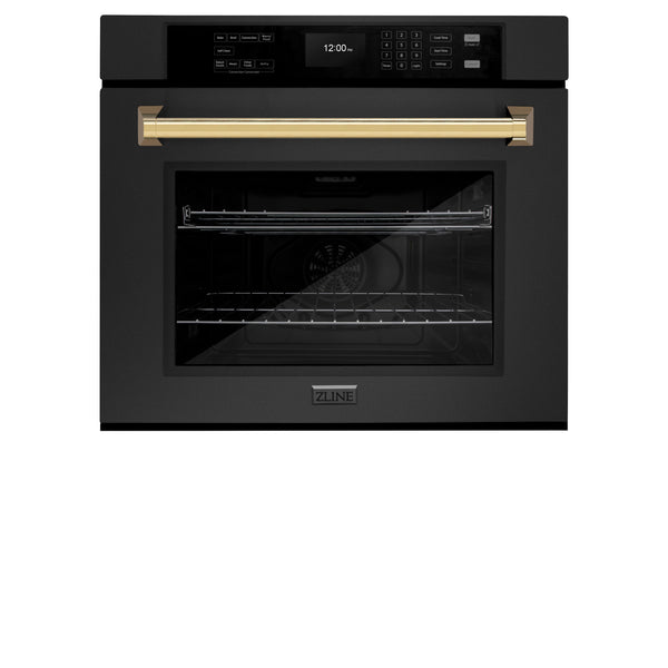 ZLINE 30 in. Autograph Edition Professional True Convection Single Wall Oven with Air Fry and Self Clean in Black Stainless Steel with Polished Gold Handle (WASBZ-30-G)