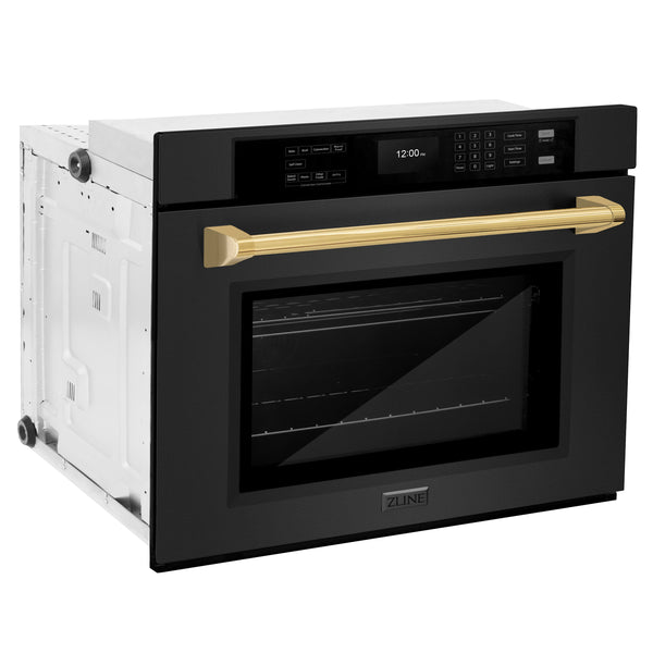 ZLINE 30 in. Autograph Edition Professional True Convection Single Wall Oven with Air Fry and Self Clean in Black Stainless Steel with Polished Gold Handle (WASBZ-30-G)