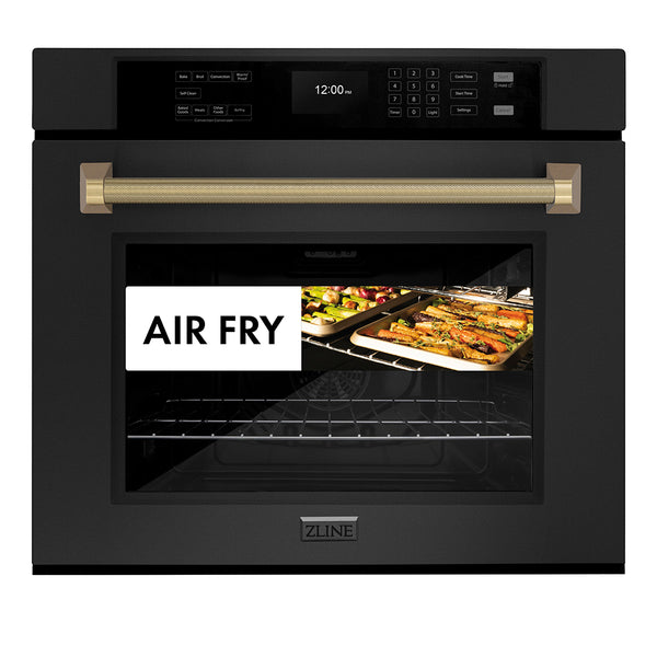 ZLINE Autograph Edition 30 in. Professional True Convection Single Wall Oven with Air Fry and Self Clean in Black Stainless Steel with Champagne Bronze Helix Handle (WASBZ-30-KCB)