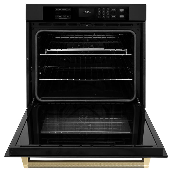 ZLINE Autograph Edition 30 in. Professional True Convection Single Wall Oven with Air Fry and Self Clean in Black Stainless Steel with Champagne Bronze Helix Handle (WASBZ-30-KCB)