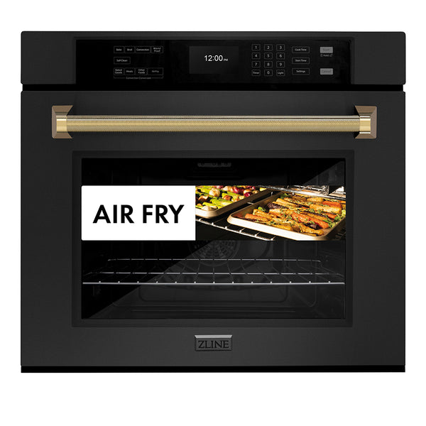 ZLINE Autograph Edition 30 in. Professional True Convection Single Wall Oven with Air Fry and Self Clean in Black Stainless Steel with Polished Gold Helix Handle (WASBZ-30-KG)