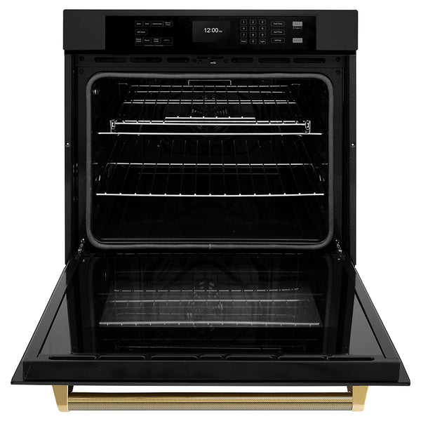 ZLINE Autograph Edition 30 in. Professional True Convection Single Wall Oven with Air Fry and Self Clean in Black Stainless Steel with Polished Gold Helix Handle (WASBZ-30-KG)