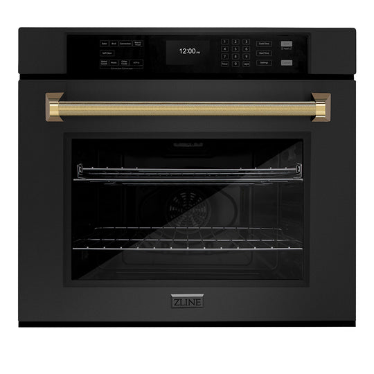 ZLINE Autograph Edition 30 in. Professional True Convection Single Wall Oven with Air Fry and Self Clean in Black Stainless Steel with Polished Gold Helix Handle (WASBZ-30-KG)