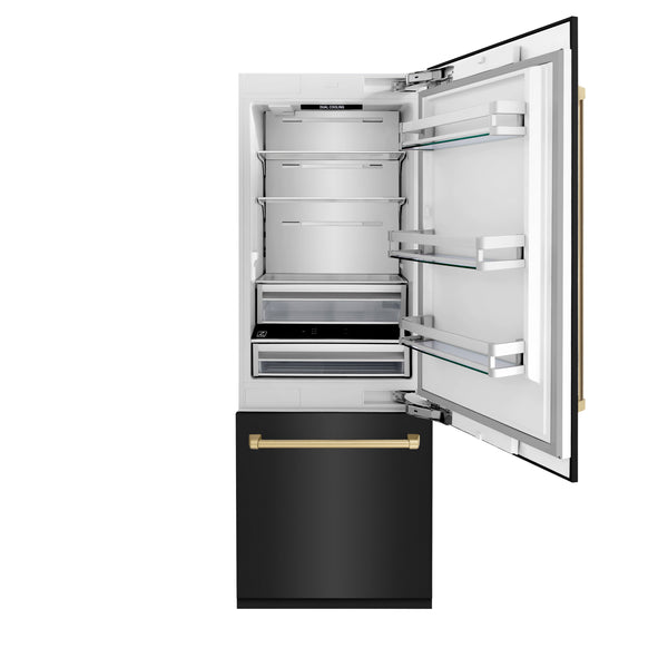 ZLINE 30" Autograph Edition 16.1 cu. ft. Built-in 2-Door Bottom Freezer Refrigerator with Internal Water and Ice Dispenser in Black Stainless Steel with Champagne Bronze Accents (RBIVZ-BS-30-CB)